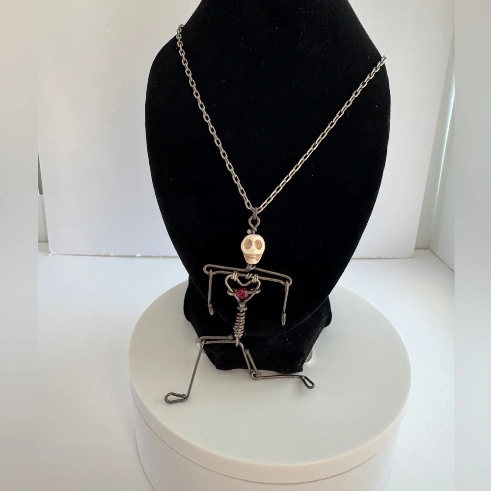 Handmade Skeleton Necklace “Bone Head” Sterling Silver & Copper with Bone Bead - Picture 5 of 9